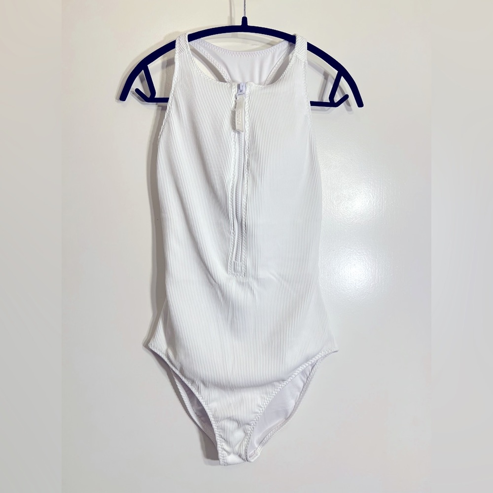 Fabletics White Ribbed Zip Front Bodysuit